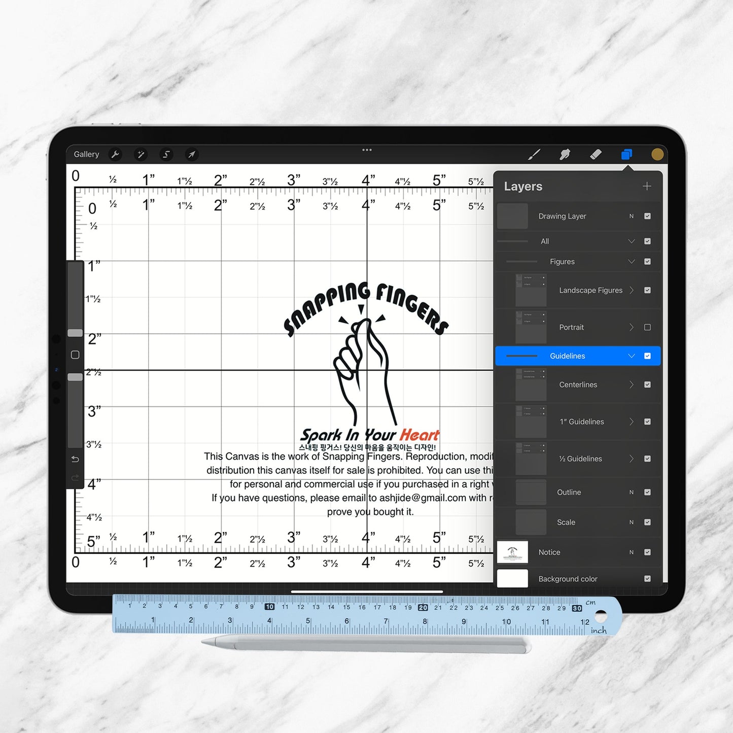 A5(8.27 inchx 5.83 inch) Size Procreate Ruler & Grid Canvas | in Inches with 22 High - Quality Brushes for Versatile Design, Illustration, and Tattoo drawing - snappingfingers_shop