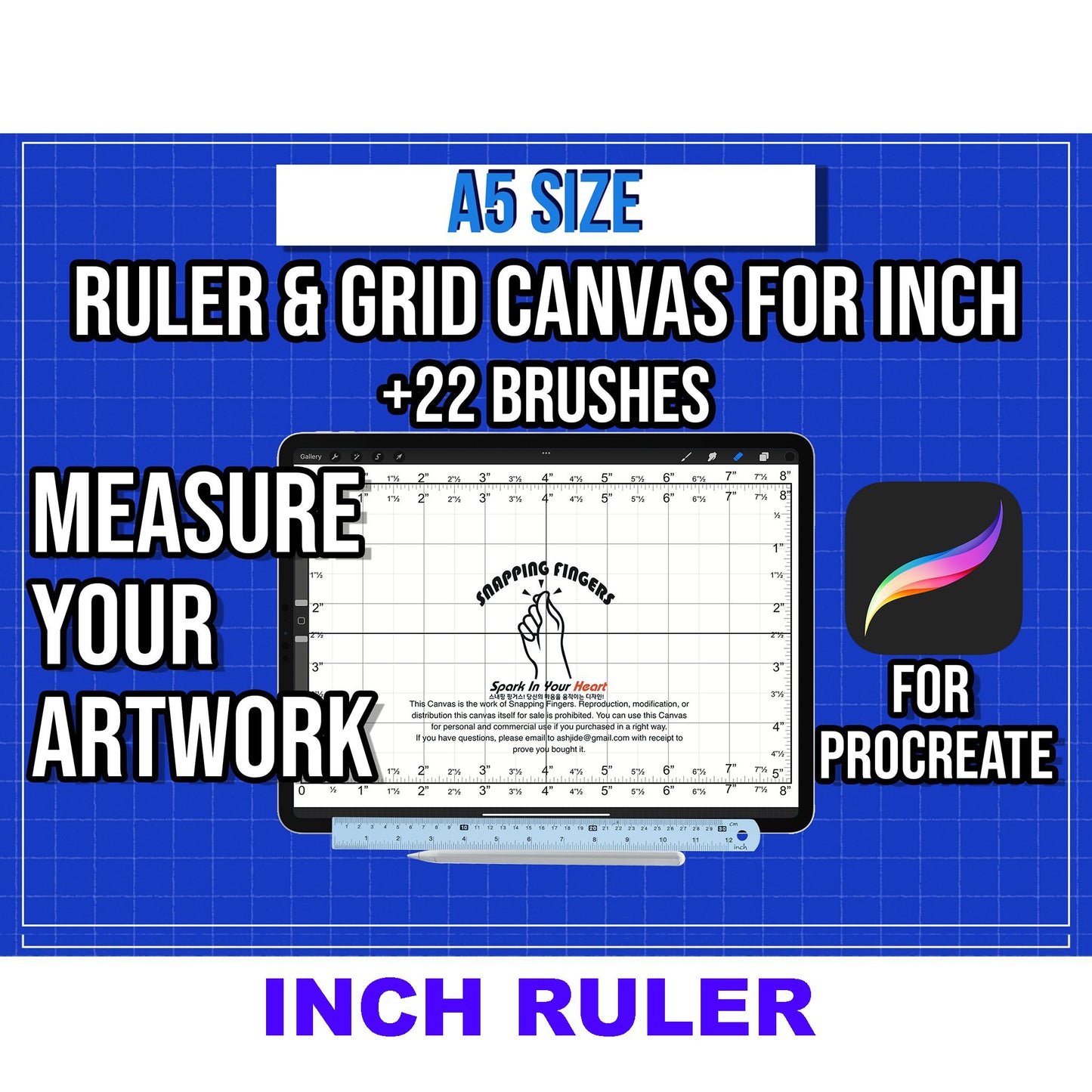 A5(8.27 inchx 5.83 inch) Size Procreate Ruler & Grid Canvas | in Inches with 22 High - Quality Brushes for Versatile Design, Illustration, and Tattoo drawing - snappingfingers_shop