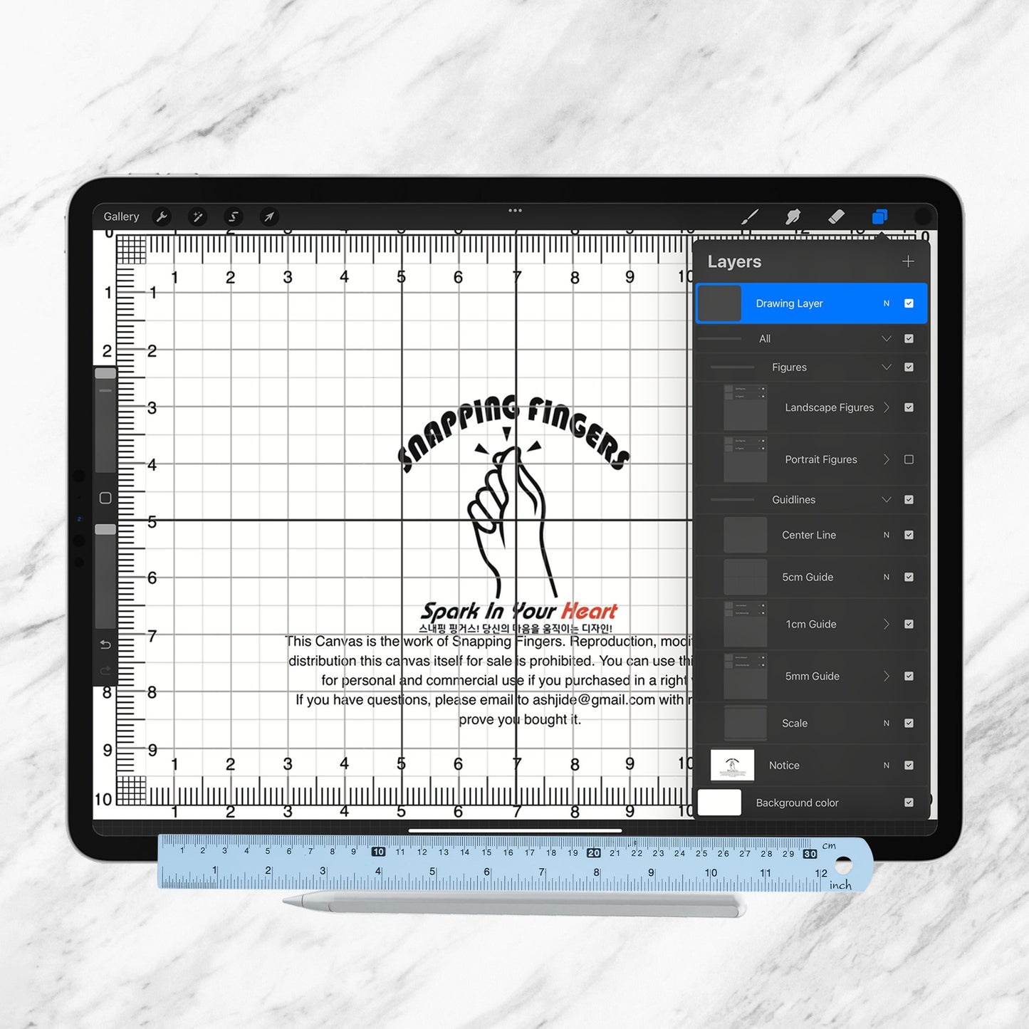 A6 Size Procreate Ruler & Grid Canvas | in Centimeters with 24 High - Quality Brushes for Versatile Design, Illustration, and Tattoo Applications - snappingfingers_shop