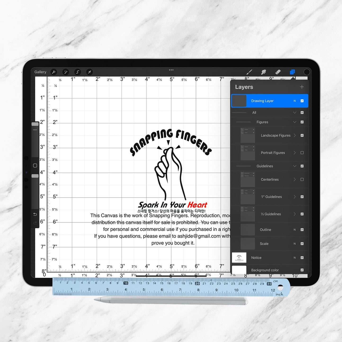 Bundle For Cm & Inch Procreate Ruler Grid Canvases | 22 brushes, 24 brushes RGB, CMYK, (Letter size, A4 for Cm, Letter for Inch) - snappingfingers_shop