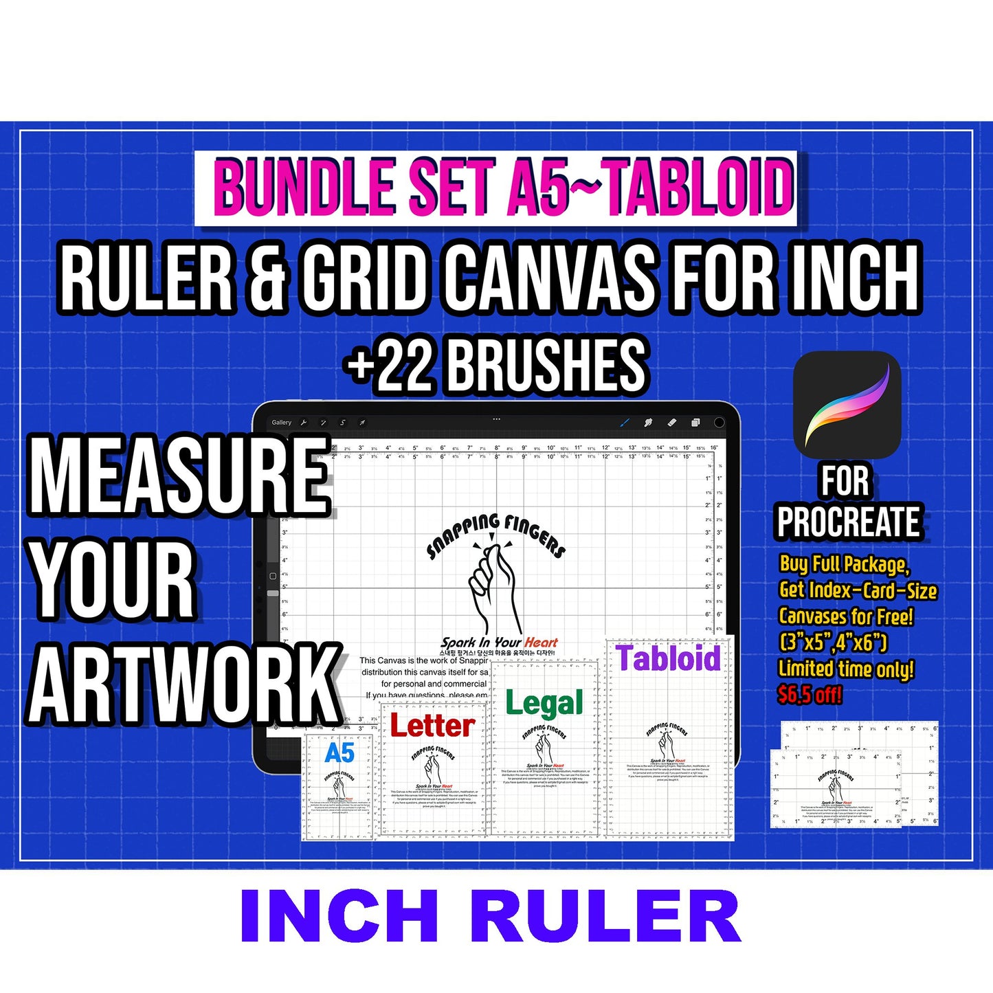 Bundle Set of index Card size, A5, Letter, Legal, Tabloid Sizes Procreate Rulers & Grid Canvases | For Inches for Illustrators Digital Art and Tattoo - snappingfingers_shop