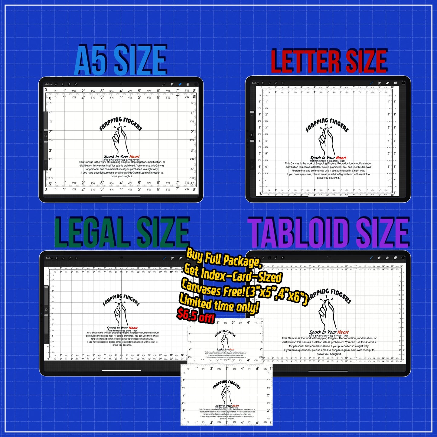 Bundle Set of index Card size, A5, Letter, Legal, Tabloid Sizes Procreate Rulers & Grid Canvases | For Inches for Illustrators Digital Art and Tattoo - snappingfingers_shop