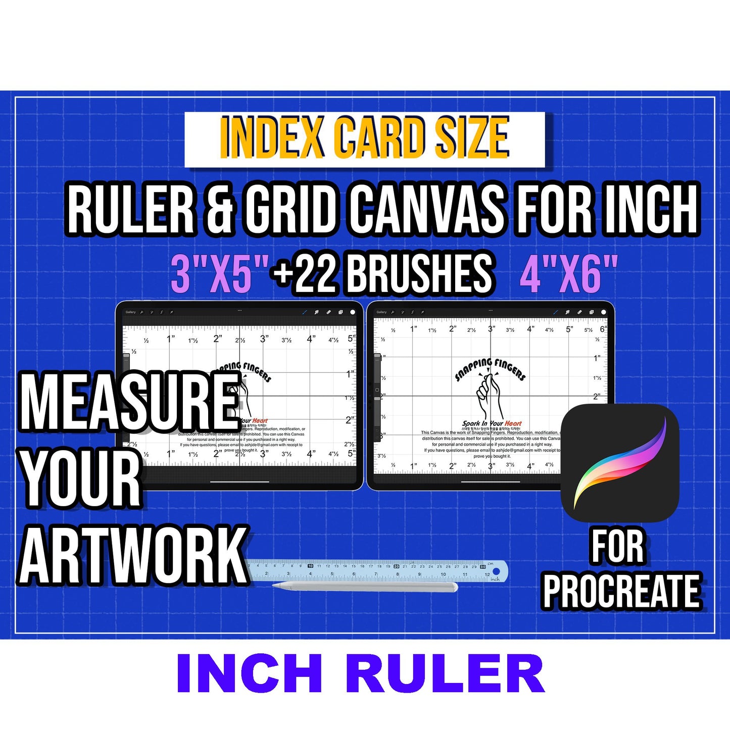 Index Card Size Procreate Ruler & Grid Canvas ( 3"x5", 4"x6",) | in Inches with 22 High - Quality Brushes for Detailed Tattoo, Illustration, and Artistic Designs - snappingfingers_shop