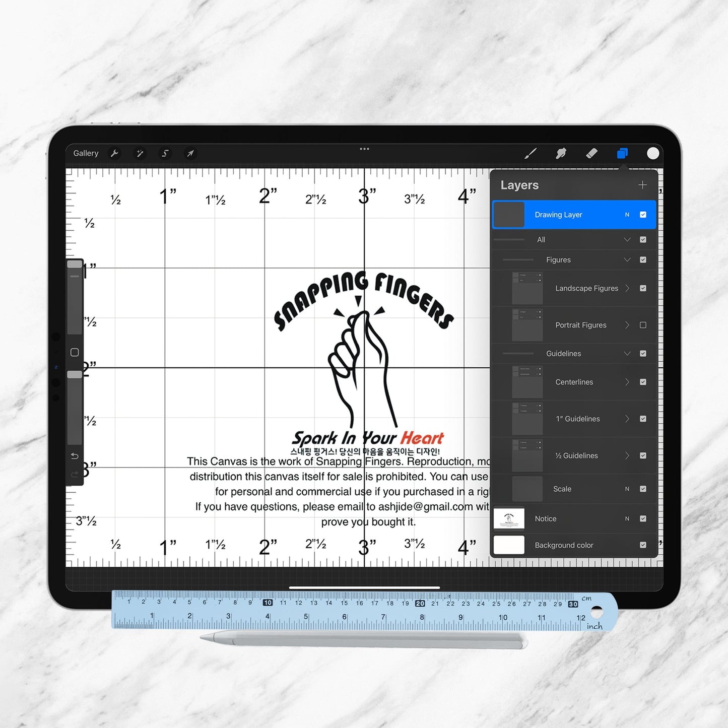 Index Card Size Procreate Ruler & Grid Canvas ( 3"x5", 4"x6",) | in Inches with 22 High - Quality Brushes for Detailed Tattoo, Illustration, and Artistic Designs - snappingfingers_shop