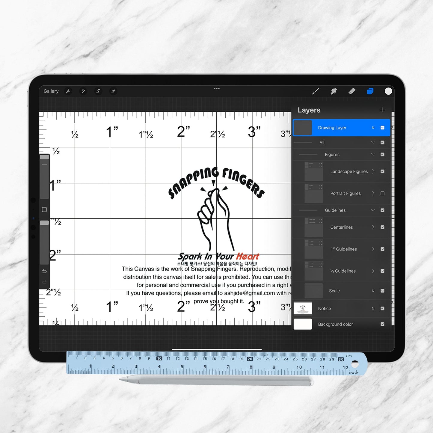 Index Card Size Procreate Ruler & Grid Canvas ( 3"x5", 4"x6",) | in Inches with 22 High - Quality Brushes for Detailed Tattoo, Illustration, and Artistic Designs - snappingfingers_shop