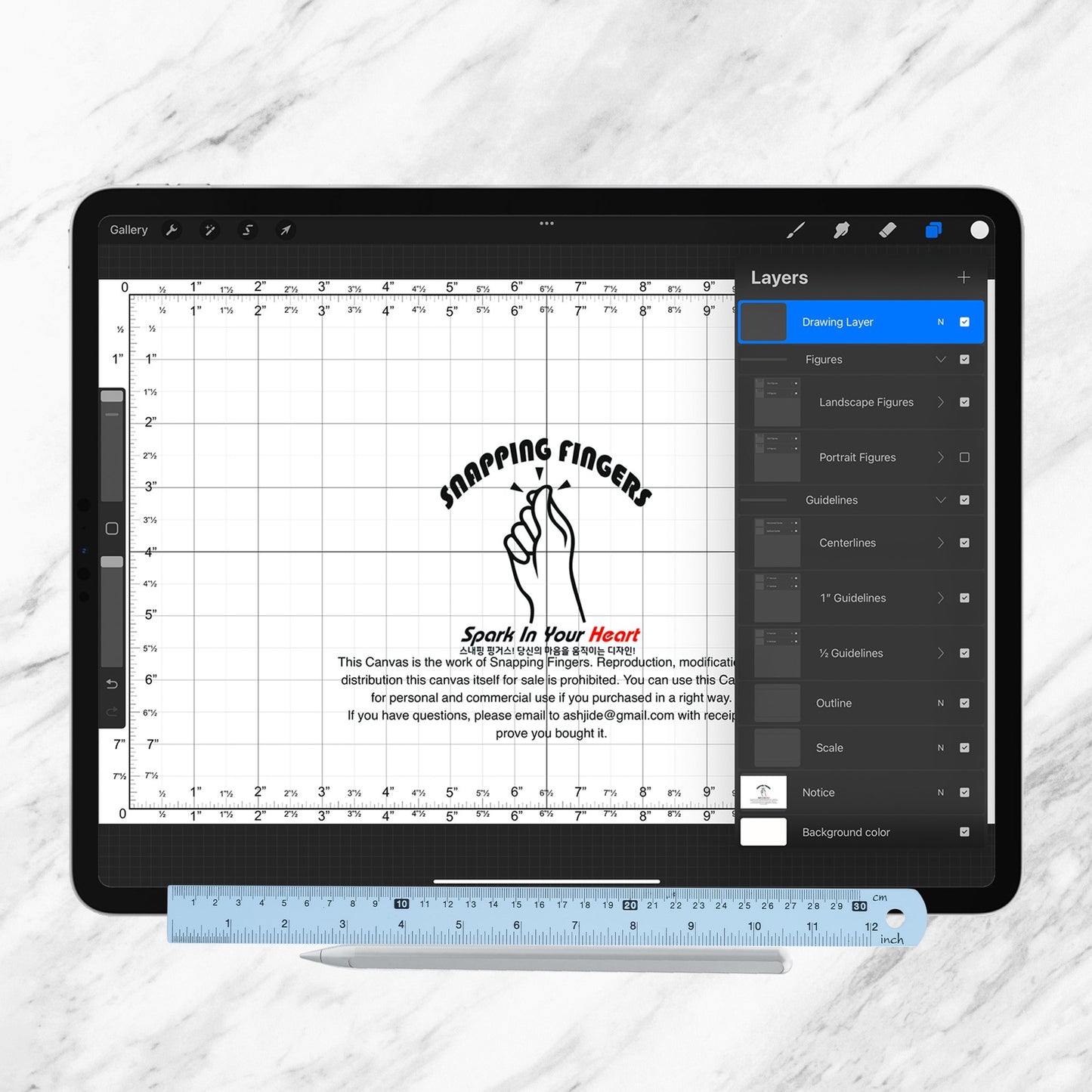 Legal Size Procreate Ruler & Grid Canvas | in Inches with 22 High - Quality Brushes for Professional Illustration, Design, and Tattoo Artwork - snappingfingers_shop