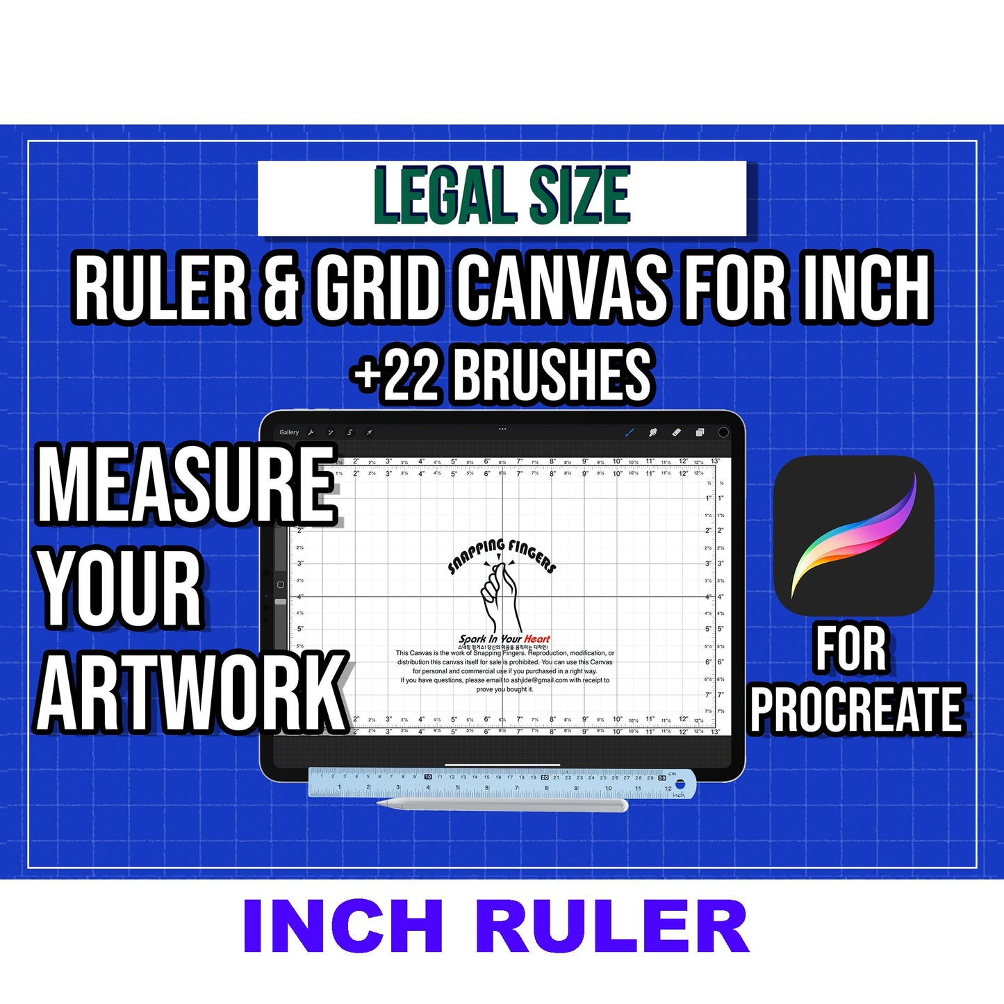 Legal Size Procreate Ruler & Grid Canvas | in Inches with 22 High - Quality Brushes for Professional Illustration, Design, and Tattoo Artwork - snappingfingers_shop