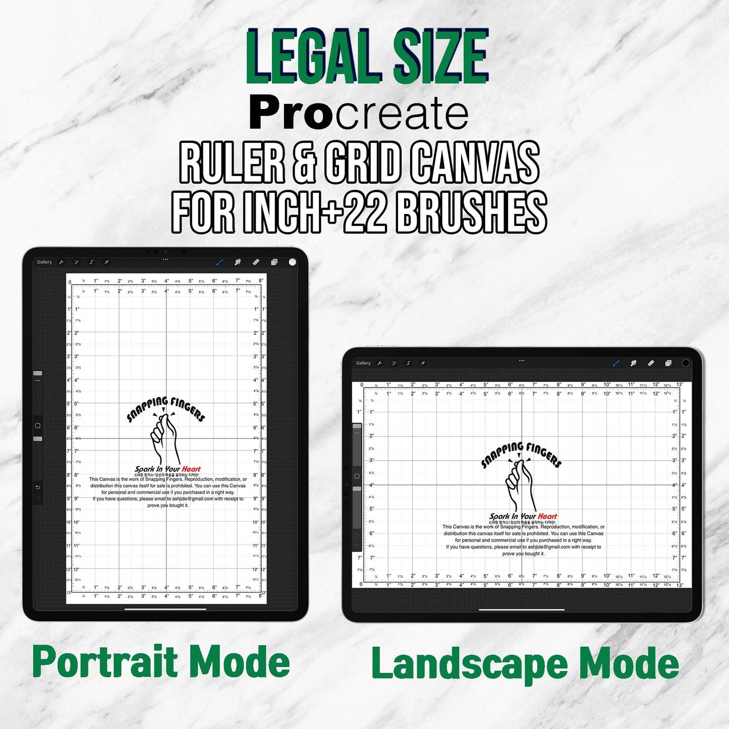 Legal Size Procreate Ruler & Grid Canvas | in Inches with 22 High - Quality Brushes for Professional Illustration, Design, and Tattoo Artwork - snappingfingers_shop