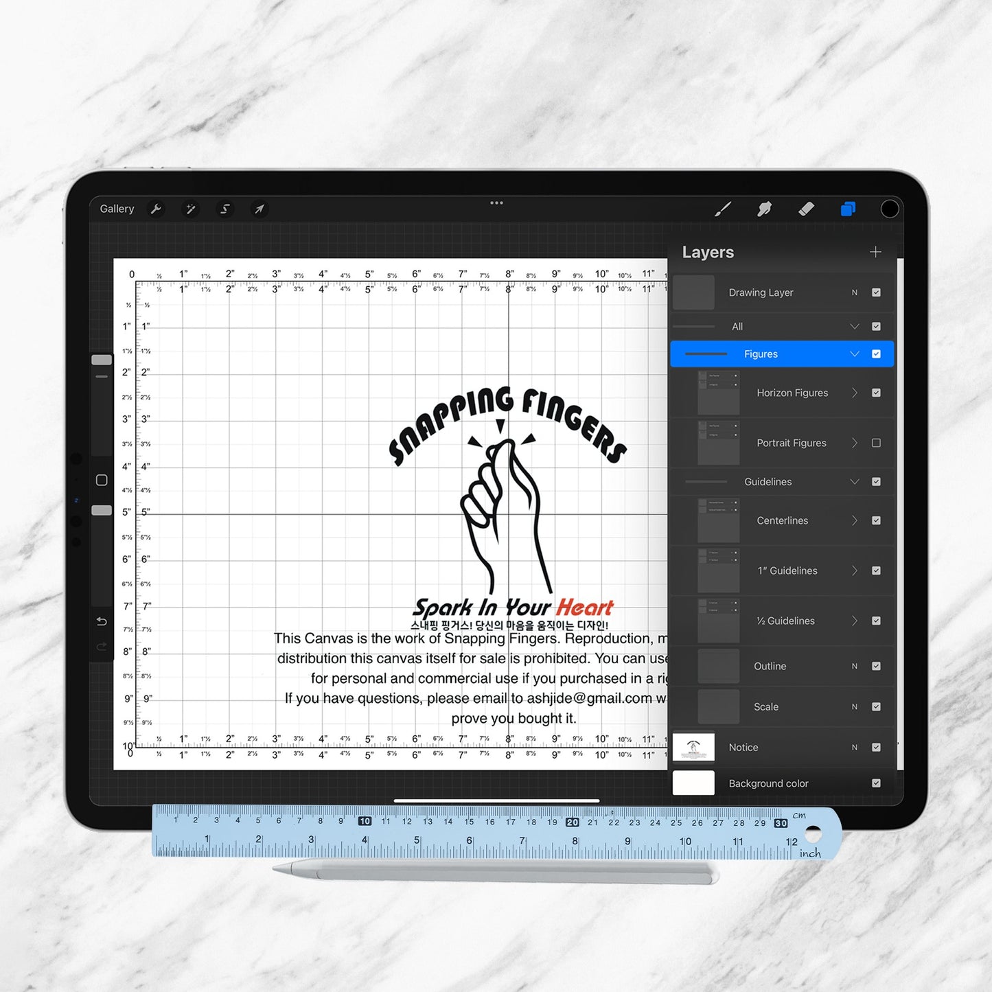 Tabloid Size Procreate Ruler & Grid Canvas | in Inches with 22 High - Quality Brushes for Advanced Design, Illustration, and Tattoo Projects - snappingfingers_shop