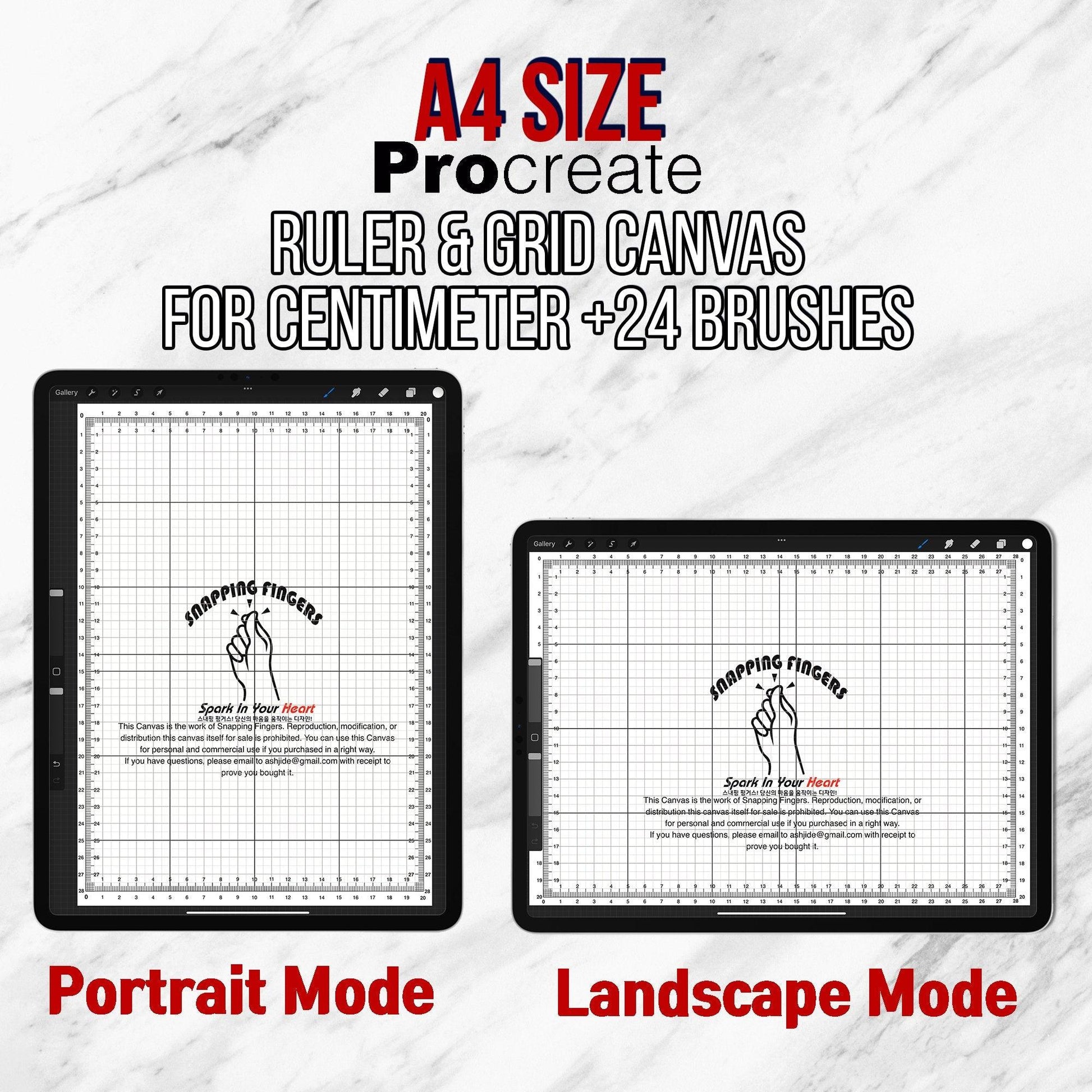 A4 and Letter size Procreate Ruler & Grid Canvas with 24 Brushes | For Centimeter Measurements use Procreate on an iPad or iPhone - snappingfingers_shop