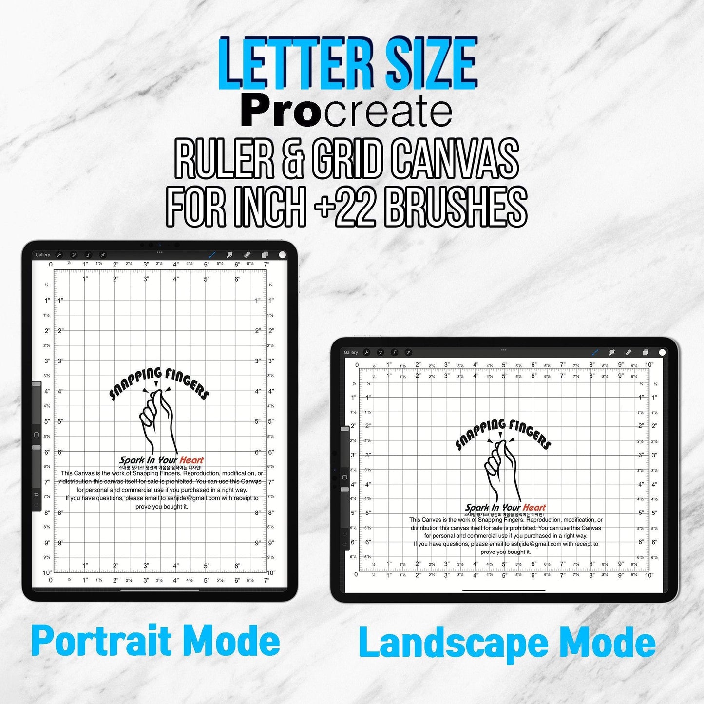 Letter size Procreate Ruler & Grid Canvas | For Inches with 22 Brushes for Illustration and Design Projects - snappingfingers_shop