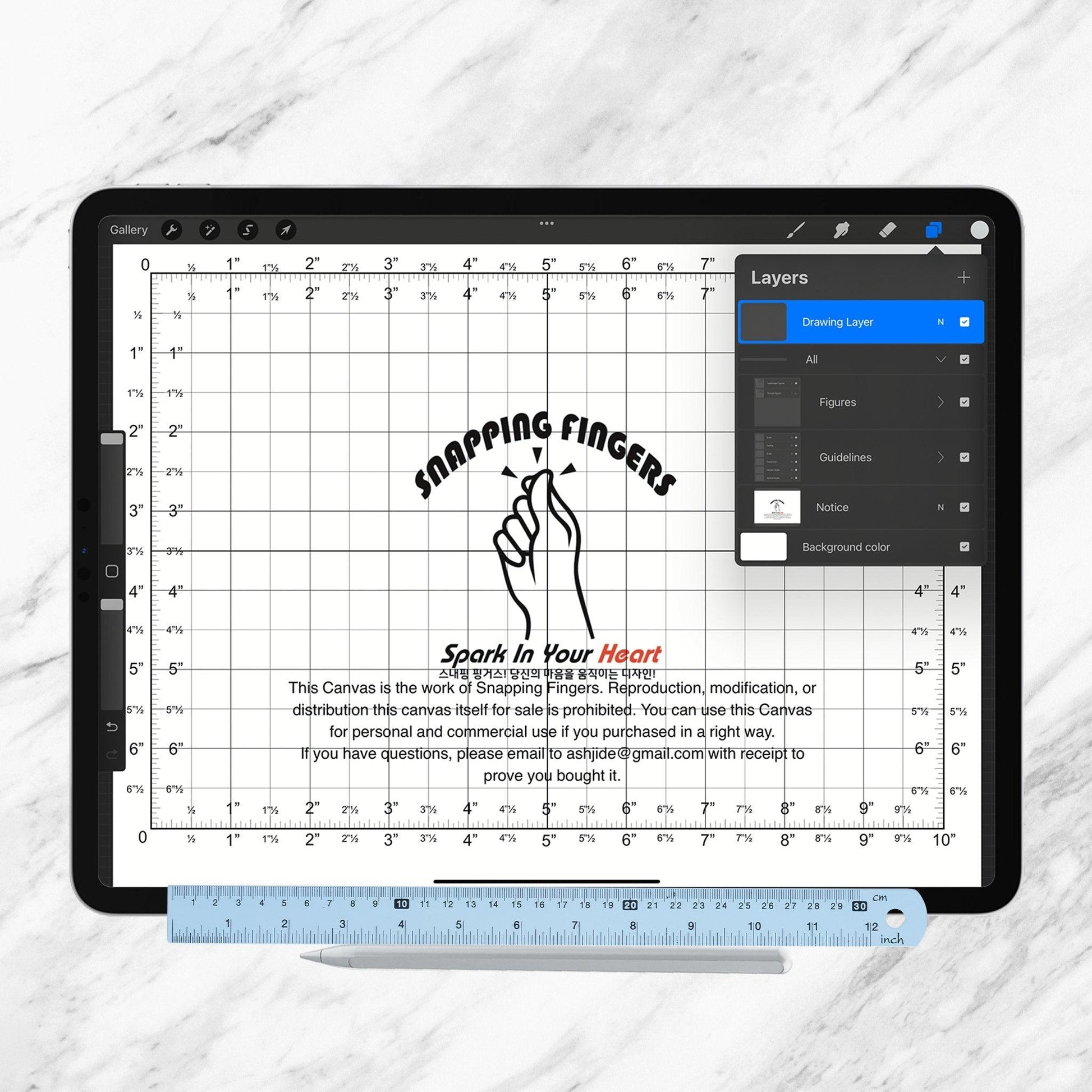 Letter size Procreate Ruler & Grid Canvas | For Inches with 22 Brushes for Illustration and Design Projects - snappingfingers_shop